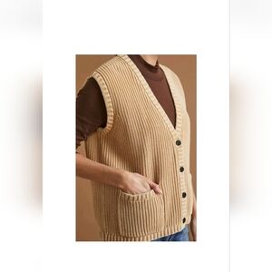 DEMYLEE Anthropologie 100% Cotton Tan Knit Button-Up Sweater Chunky Vest Medium
